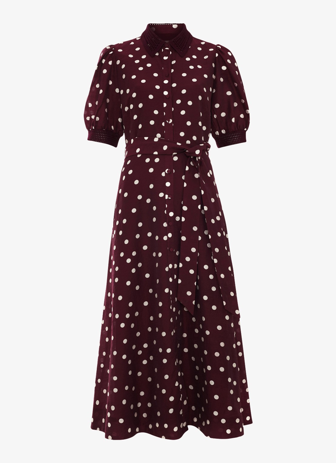 Phase Eight Delphine midi blousejurk met stippenprint en strikceintuur - voorkant burgundy