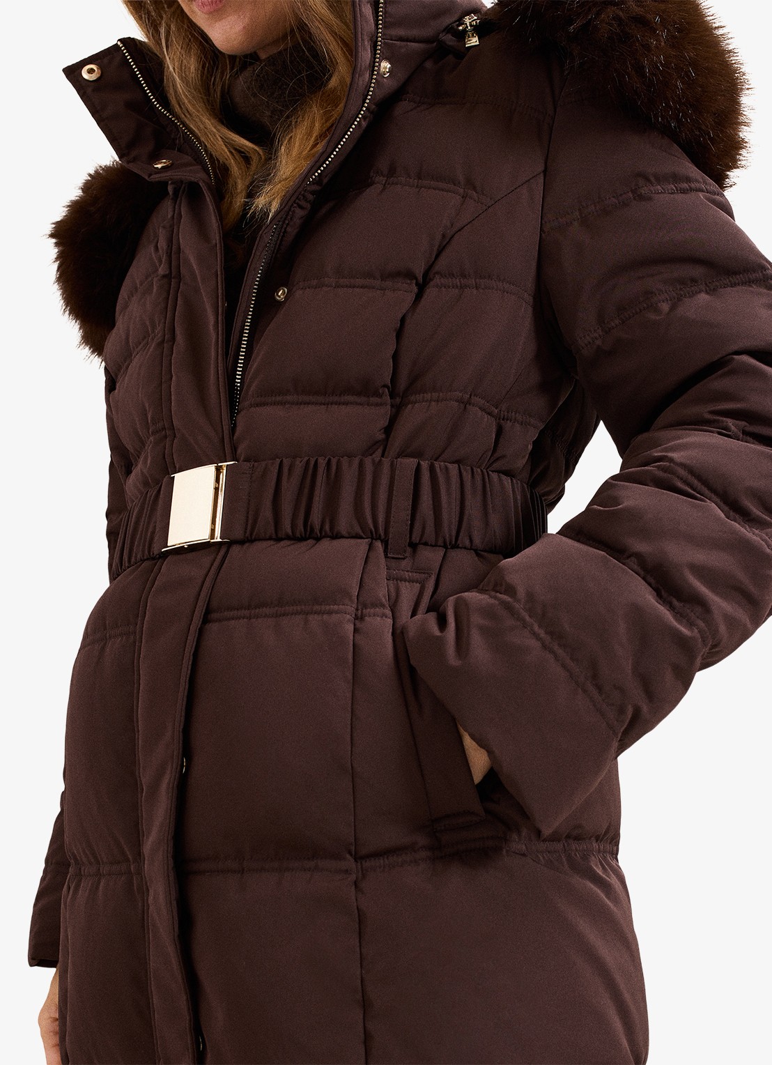 Phase Eight Dixie puffer jas met afneembare imitatiebontkraag - detail 6 donkerbruin
