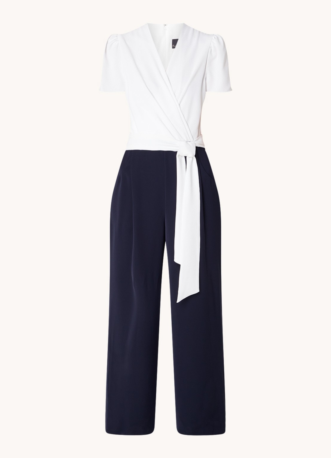 Phase Eight Eloise wide fit jumpsuit met V-hals en strikceintuur - voorkant donkerblauw