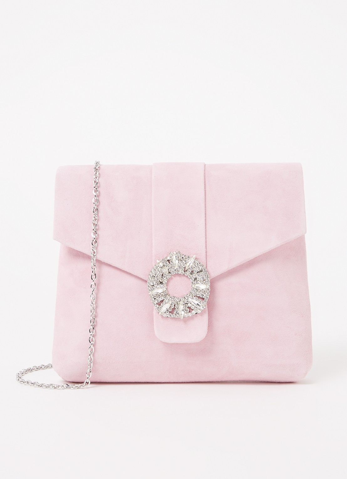 Phase Eight Embellished clutch van suède met strass - voorkant 3 lichtroze
