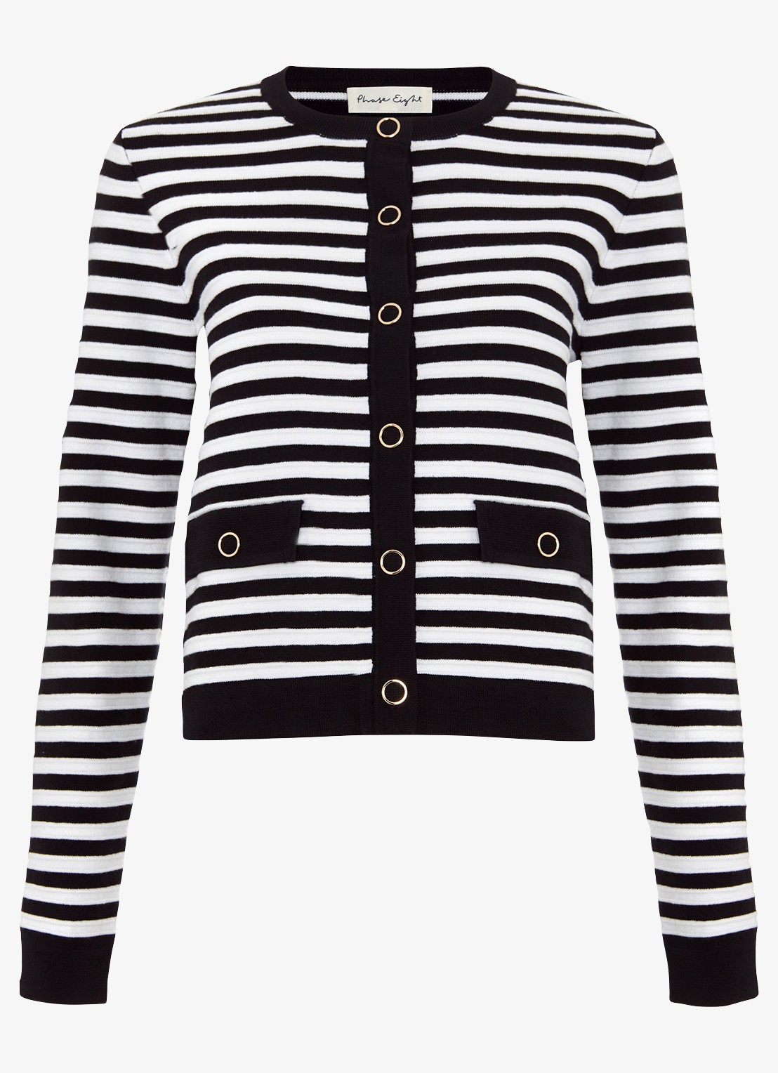 Phase Eight Evie fijngebreid vest in wolblend met streepprint - voorkant zwart