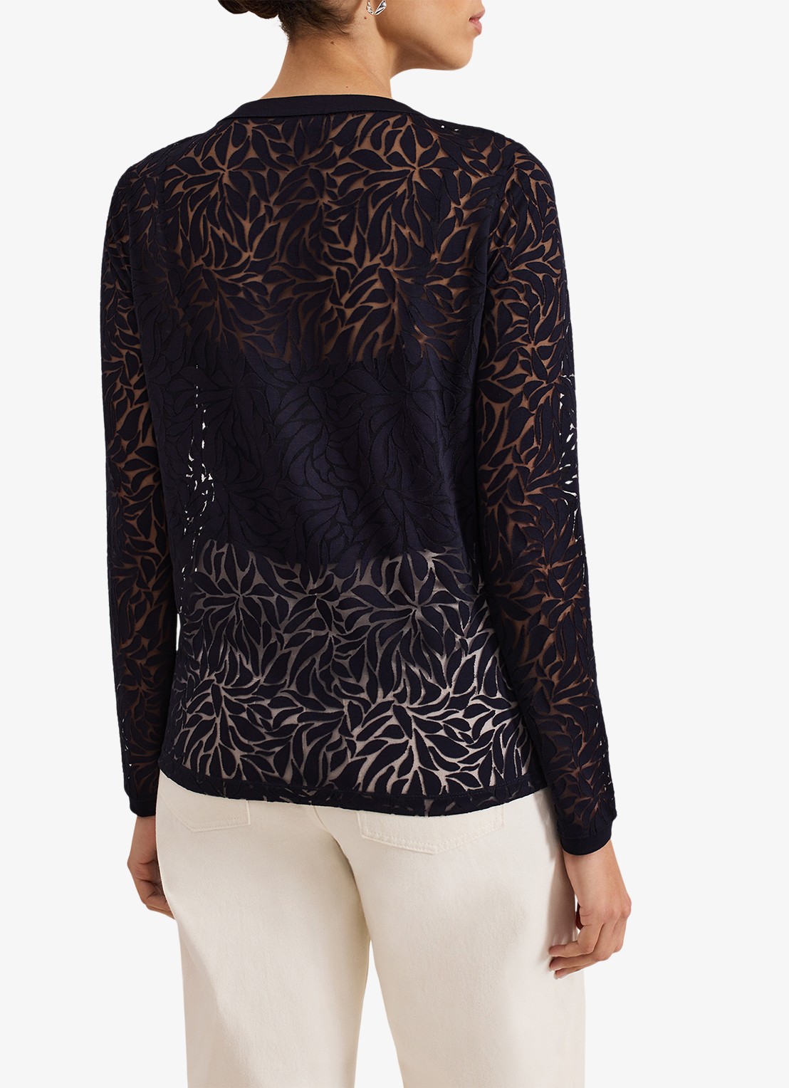 Phase Eight Fern Burnout semi-transparante top met bladprint - achterkant 8 donkerblauw