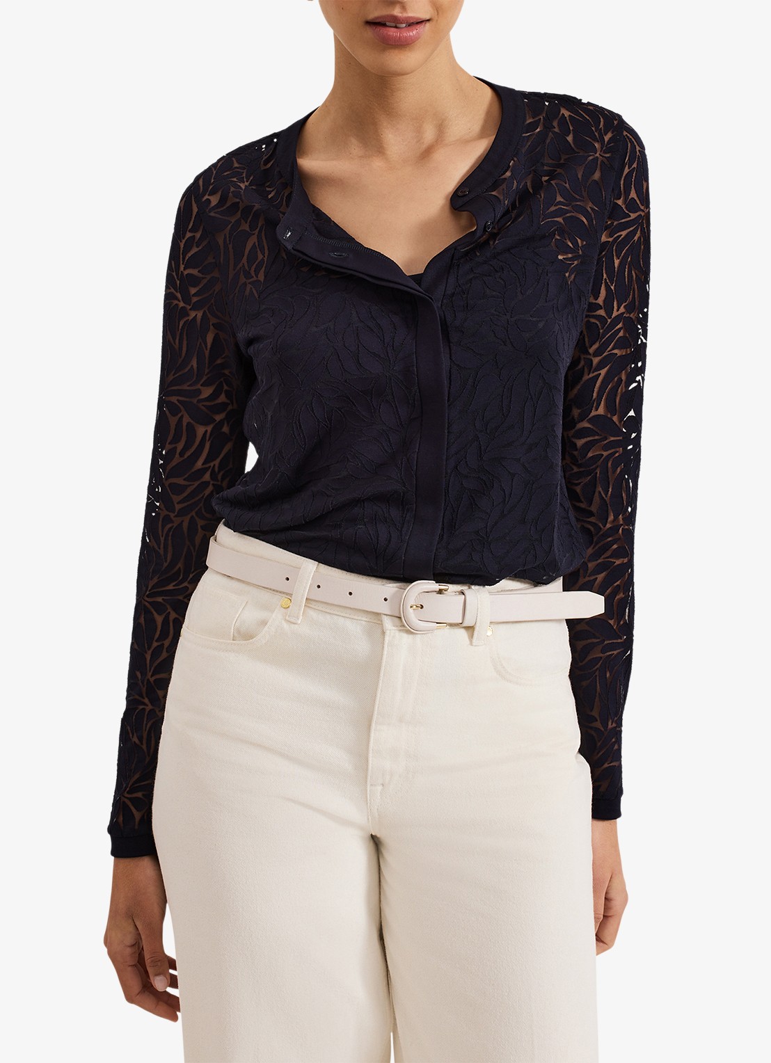 Phase Eight Fern Burnout semi-transparante top met bladprint - detail 3 donkerblauw