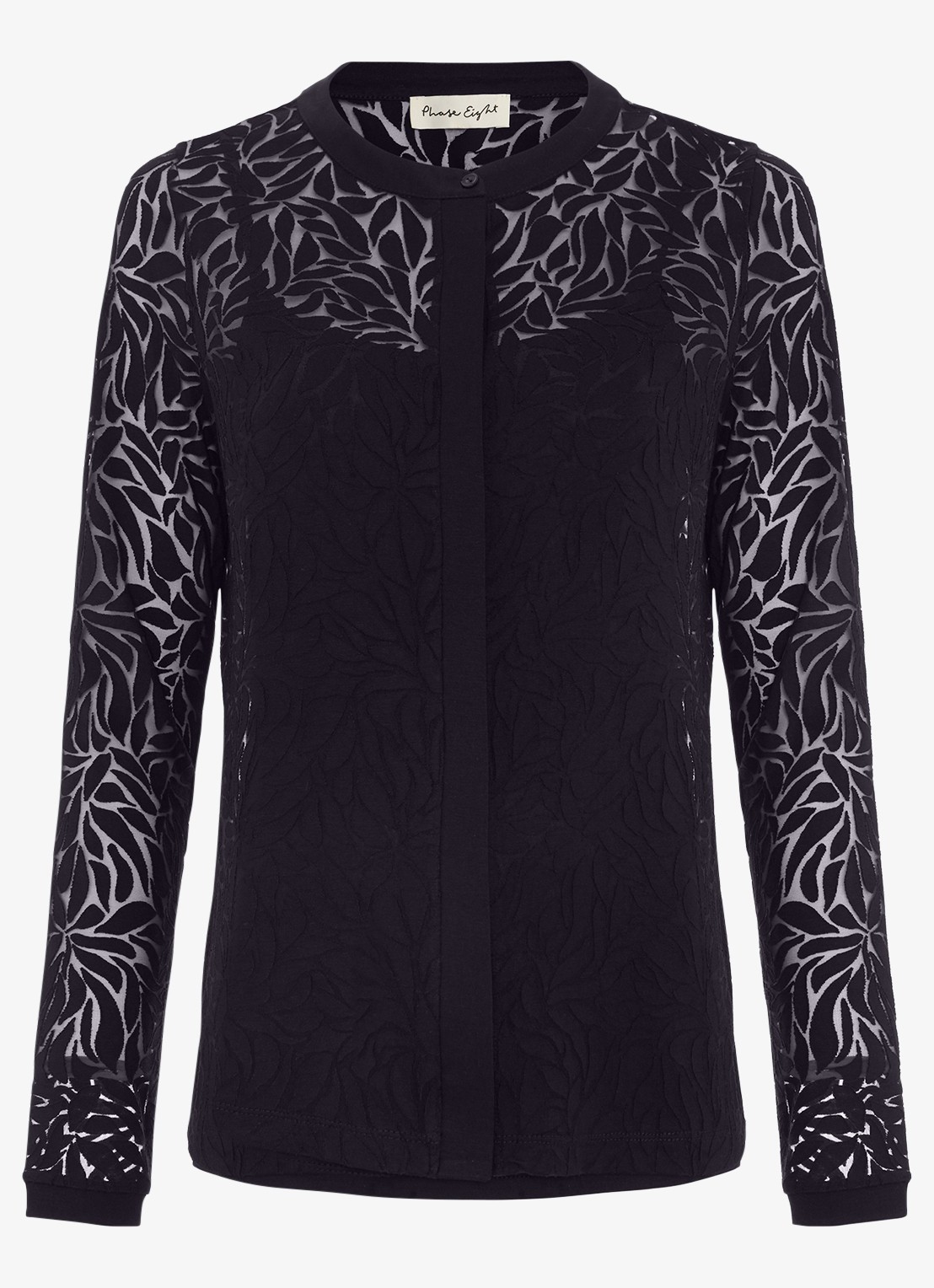 Phase Eight Fern Burnout semi-transparante top met bladprint - voorkant donkerblauw