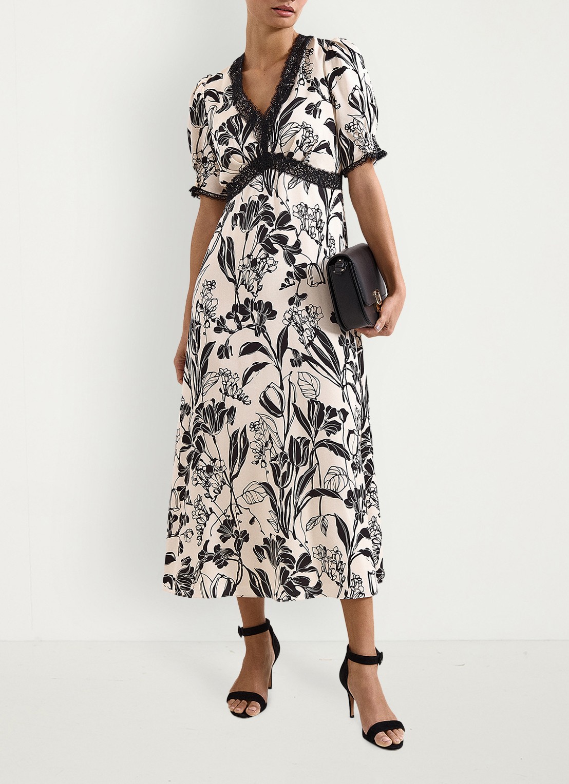 Phase Eight Feyre midi jurk van satijn met bloemenprint - voorkant 3 donkerblauw
