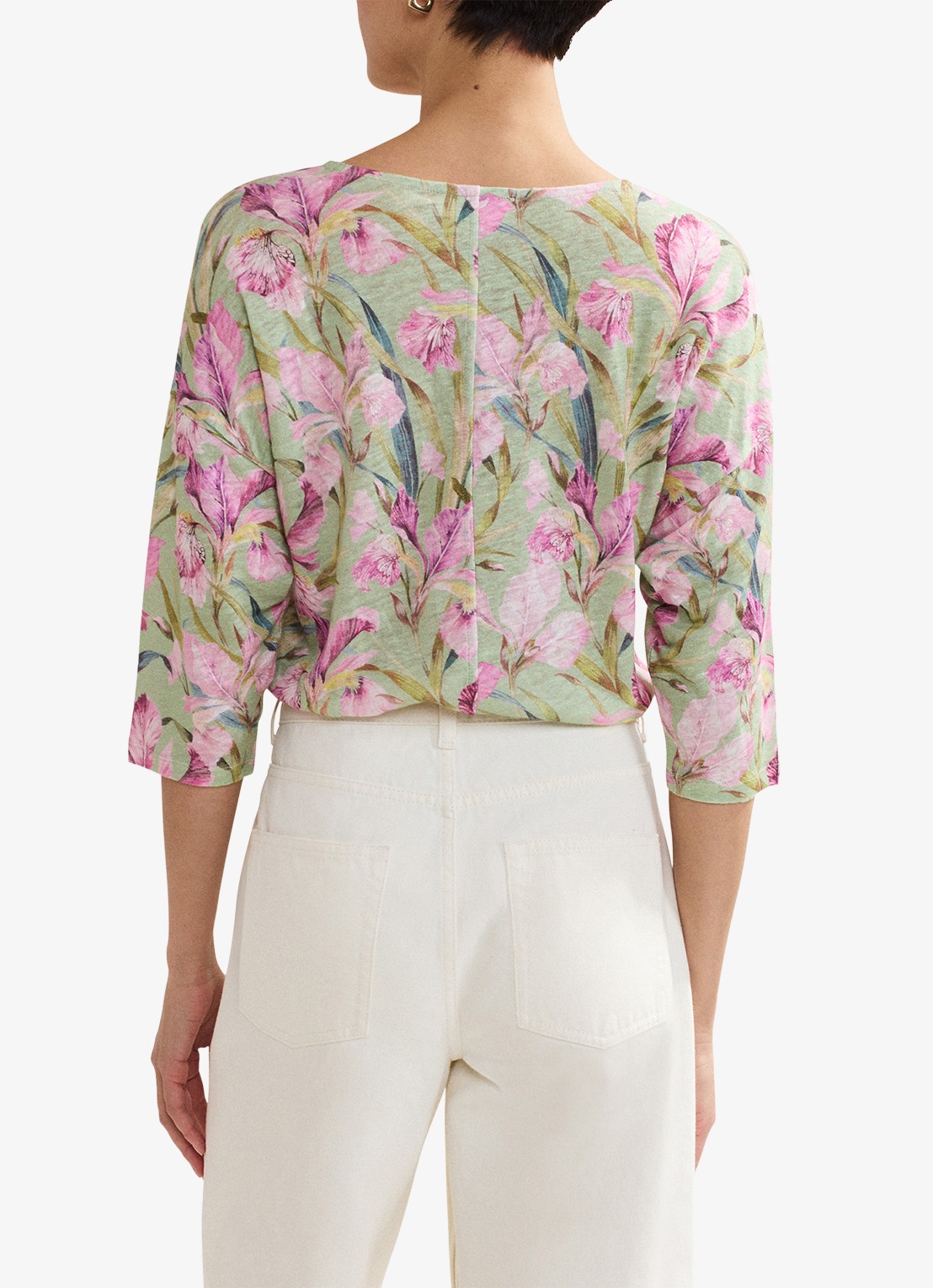 Phase Eight Flossie top van linnen met bloemenprint - achterkant 3 lindegroen
