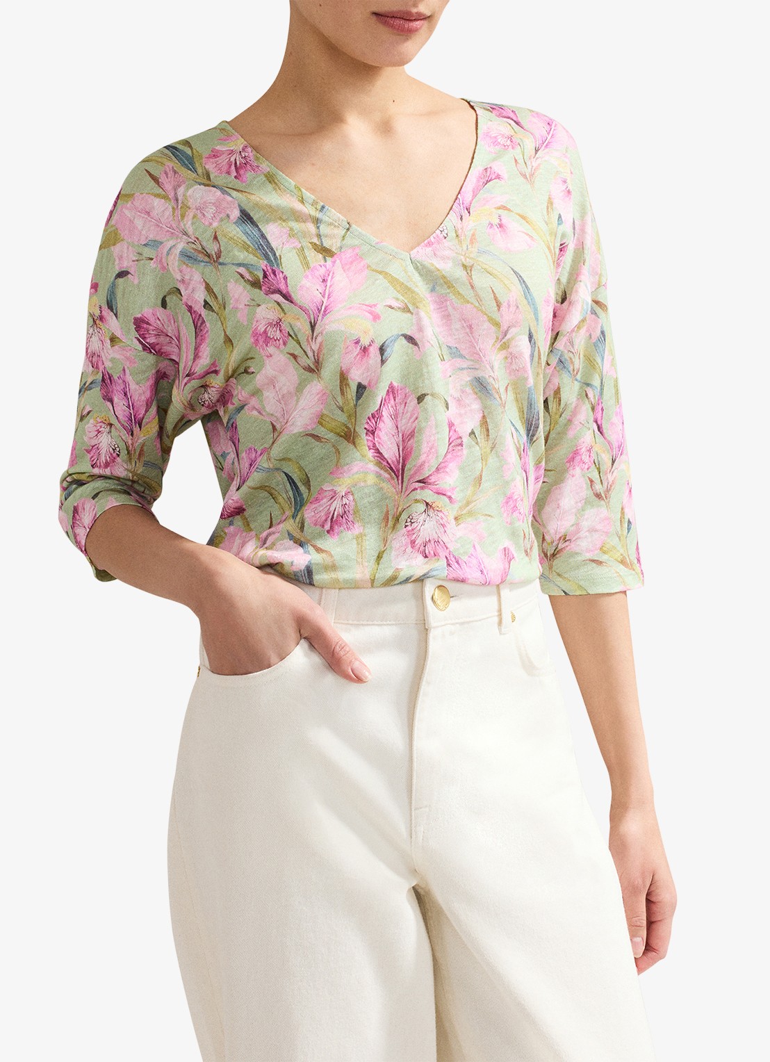Phase Eight Flossie top van linnen met bloemenprint - detail 4 lindegroen