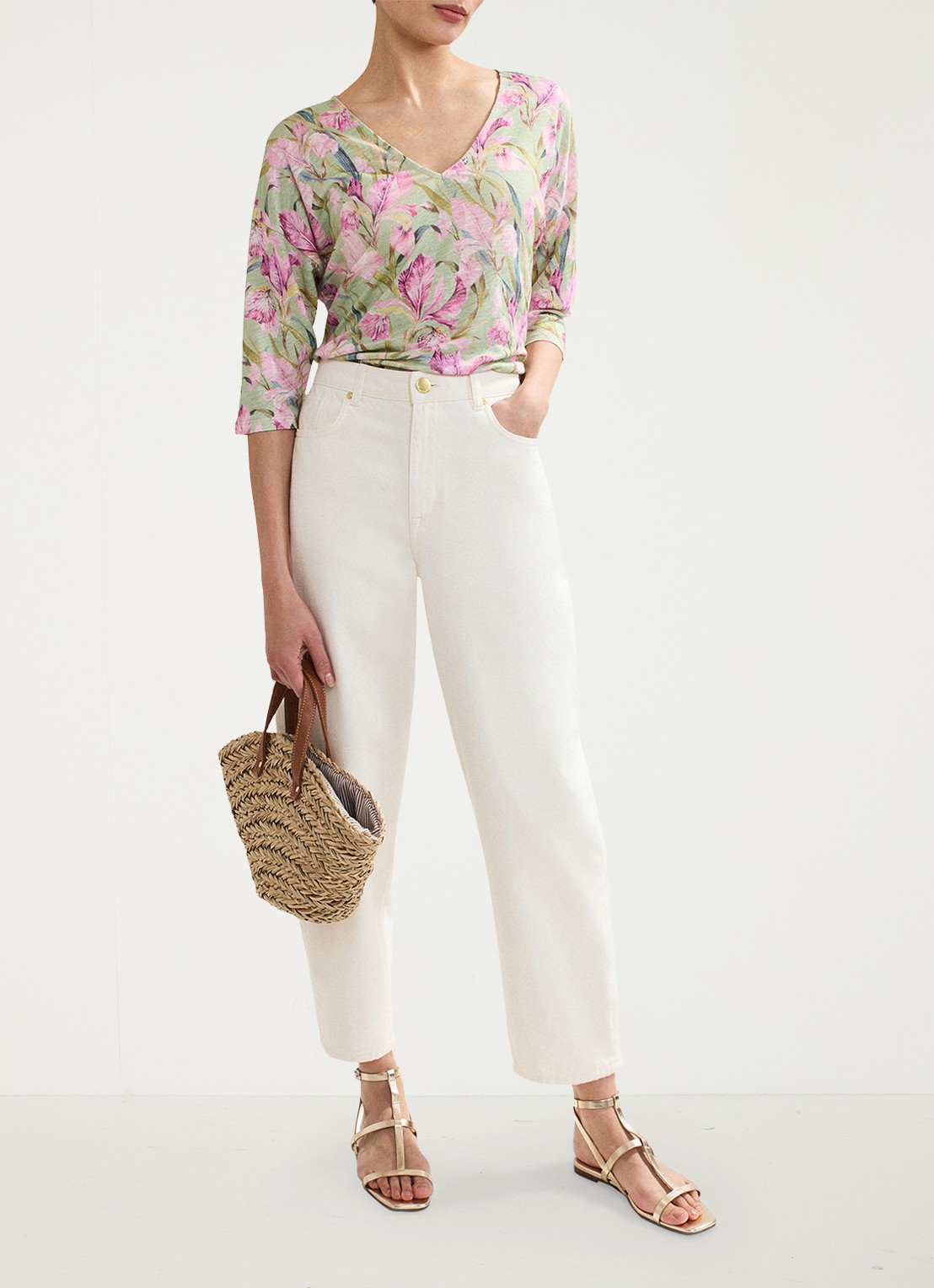 Phase Eight Flossie top van linnen met bloemenprint - voorkant 2 lindegroen