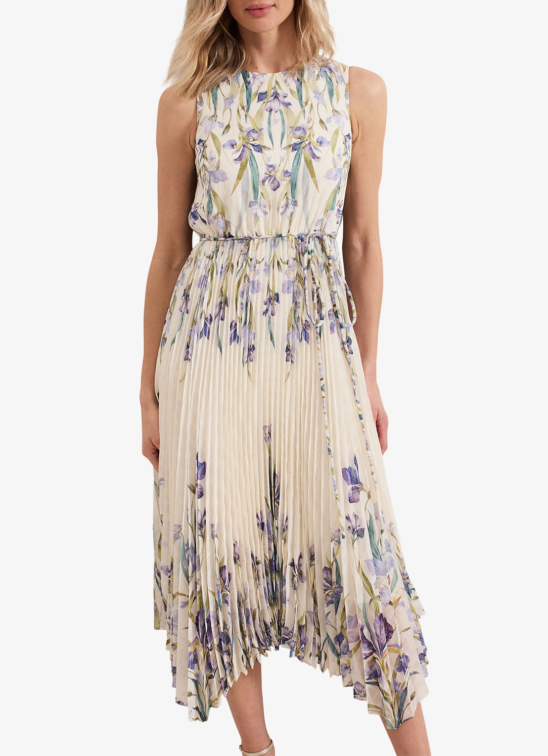 Phase Eight Georgiana mouwloze midi jurk met bloemenprint en plissé - detail 4 creme