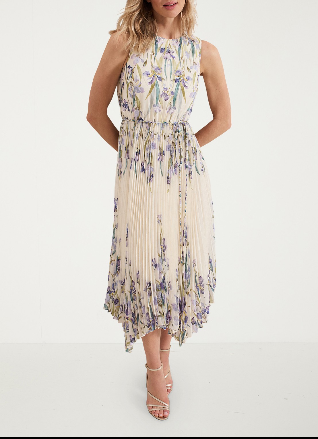 Phase Eight Georgiana mouwloze midi jurk met bloemenprint en plissé - voorkant 3 creme