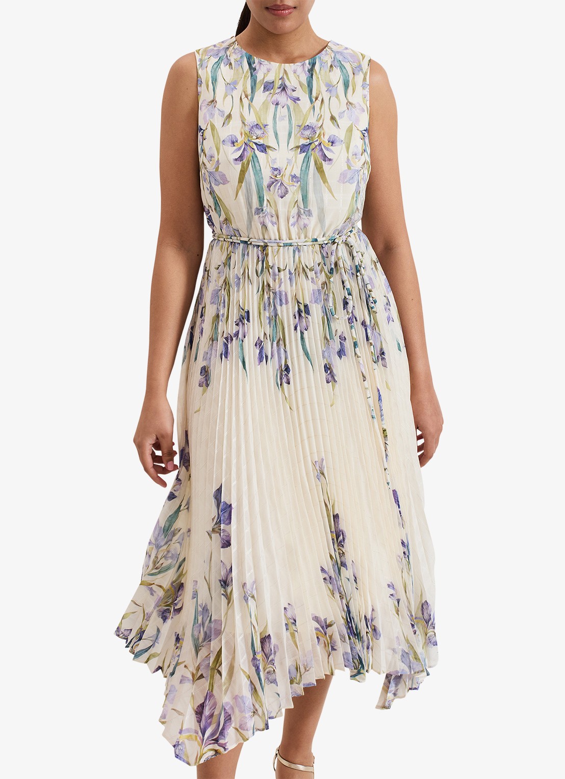 Phase Eight Georgiana mouwloze midi jurk met bloemenprint en plissé - detail 4 creme