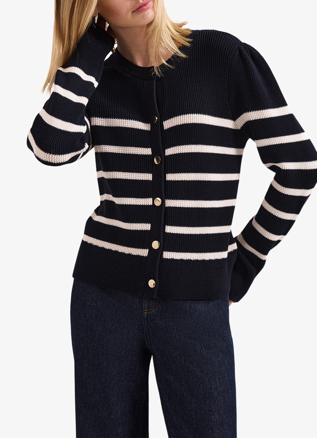 Phase Eight Grofgebreid vest met streepprint  - detail 4 donkerblauw