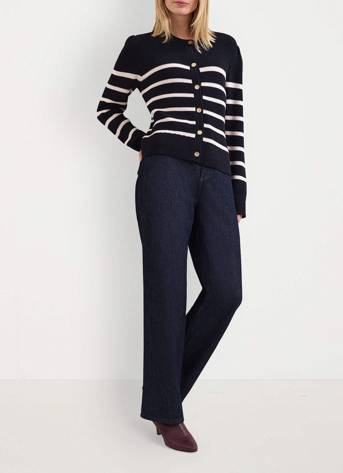 Phase Eight Grofgebreid vest met streepprint  - voorkant 3 donkerblauw