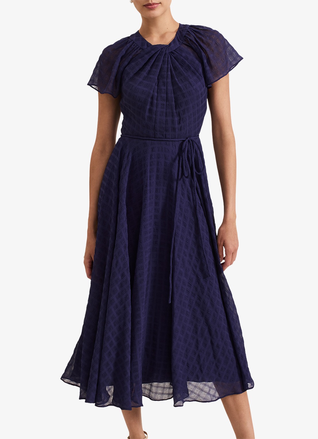 Phase Eight Gwen midi jurk met structuur en strikceintuur - detail 3 donkerblauw