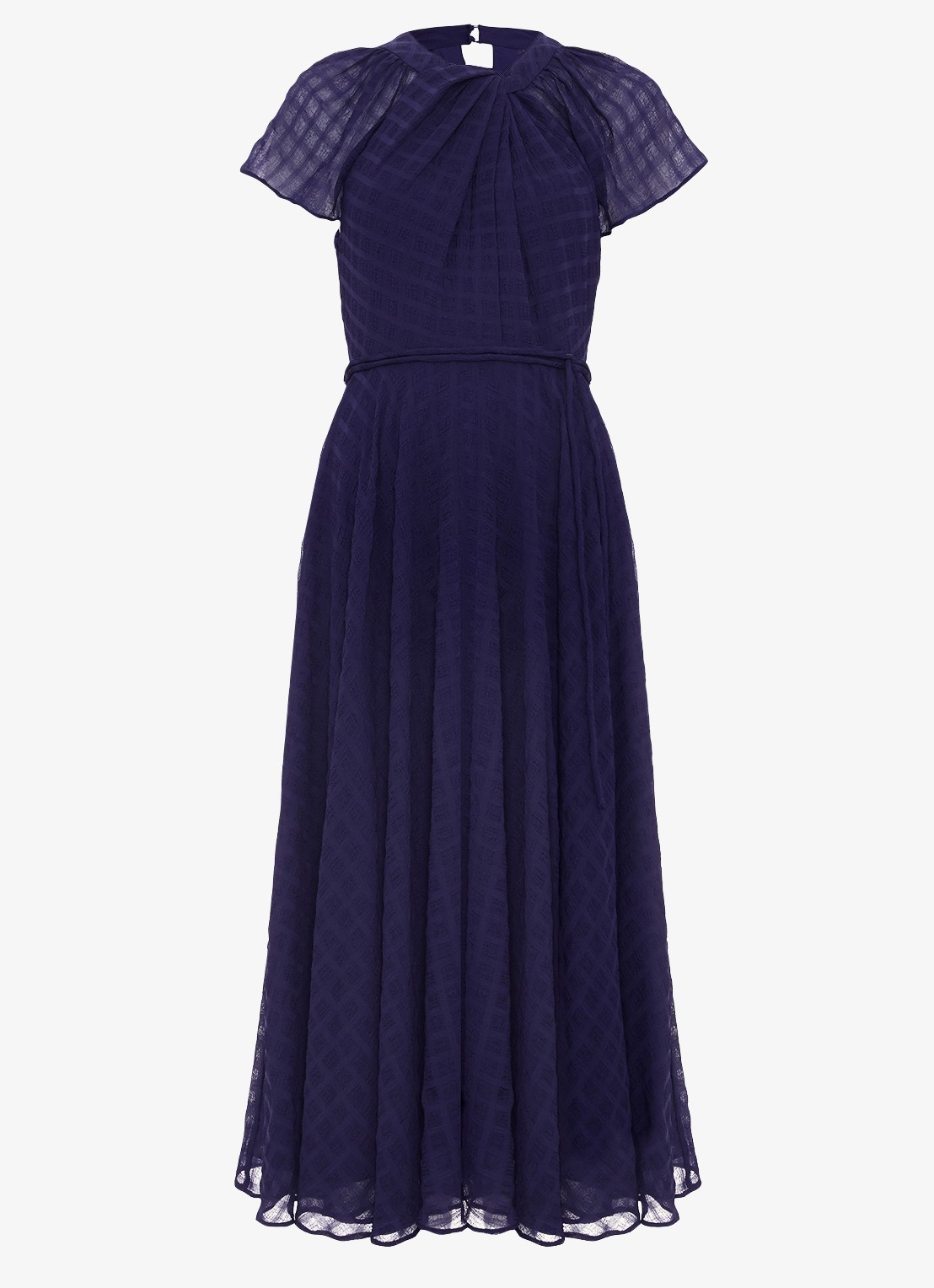 Phase Eight Gwen midi jurk met structuur en strikceintuur - voorkant donkerblauw