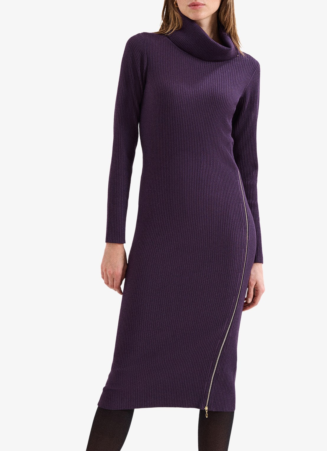 Phase Eight Hartley ribgebreide midi jurk met opstaande kraag  - detail 2 paars