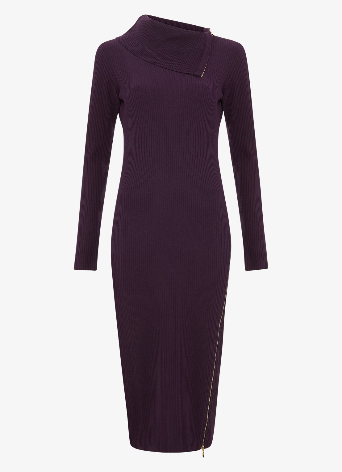 Phase Eight Hartley ribgebreide midi jurk met opstaande kraag  - voorkant 6 paars