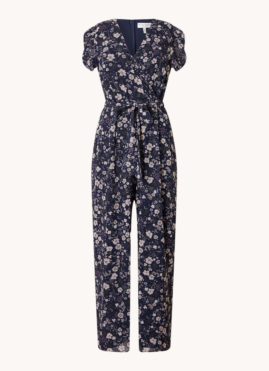 Phase Eight Helene straight fit jumpsuit met bloemenprint en strikceintuur - voorkant donkerblauw