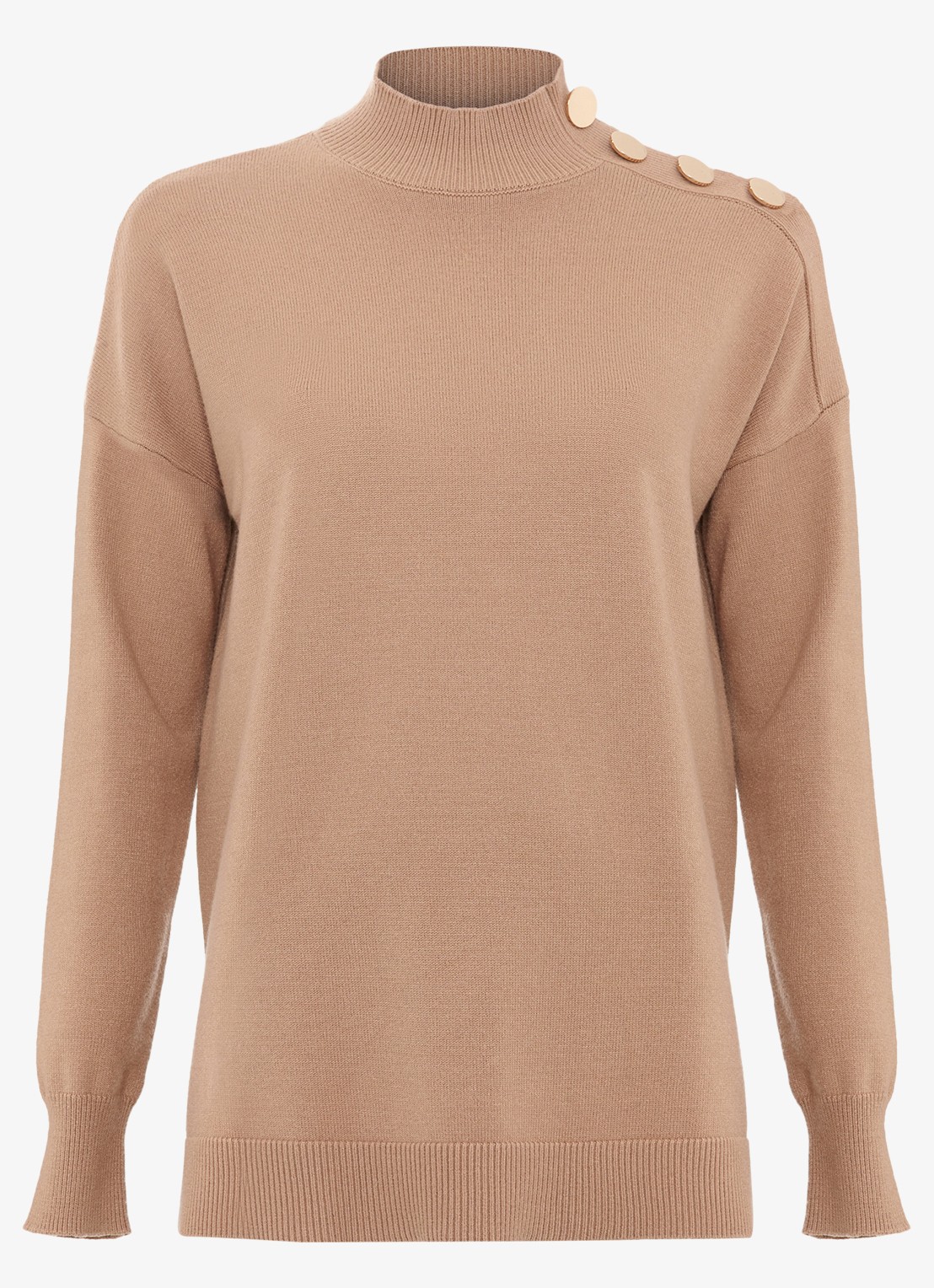 Phase Eight Holly fijngebreide trui met knoopdetail en col - voorkant 2 camel