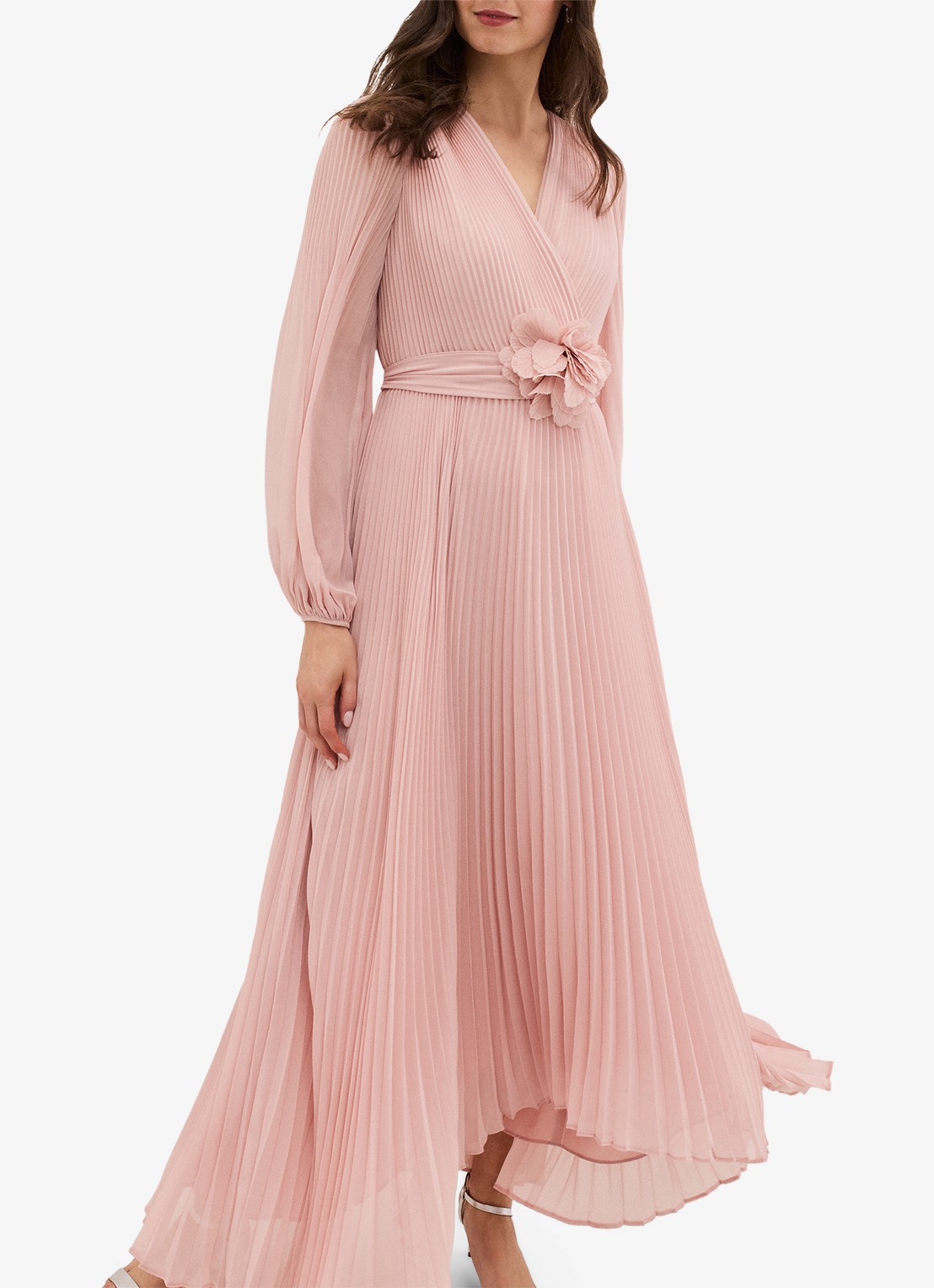 Phase Eight Isadora maxi jurk met plissé en strikceintuur - detail 3 lichtroze