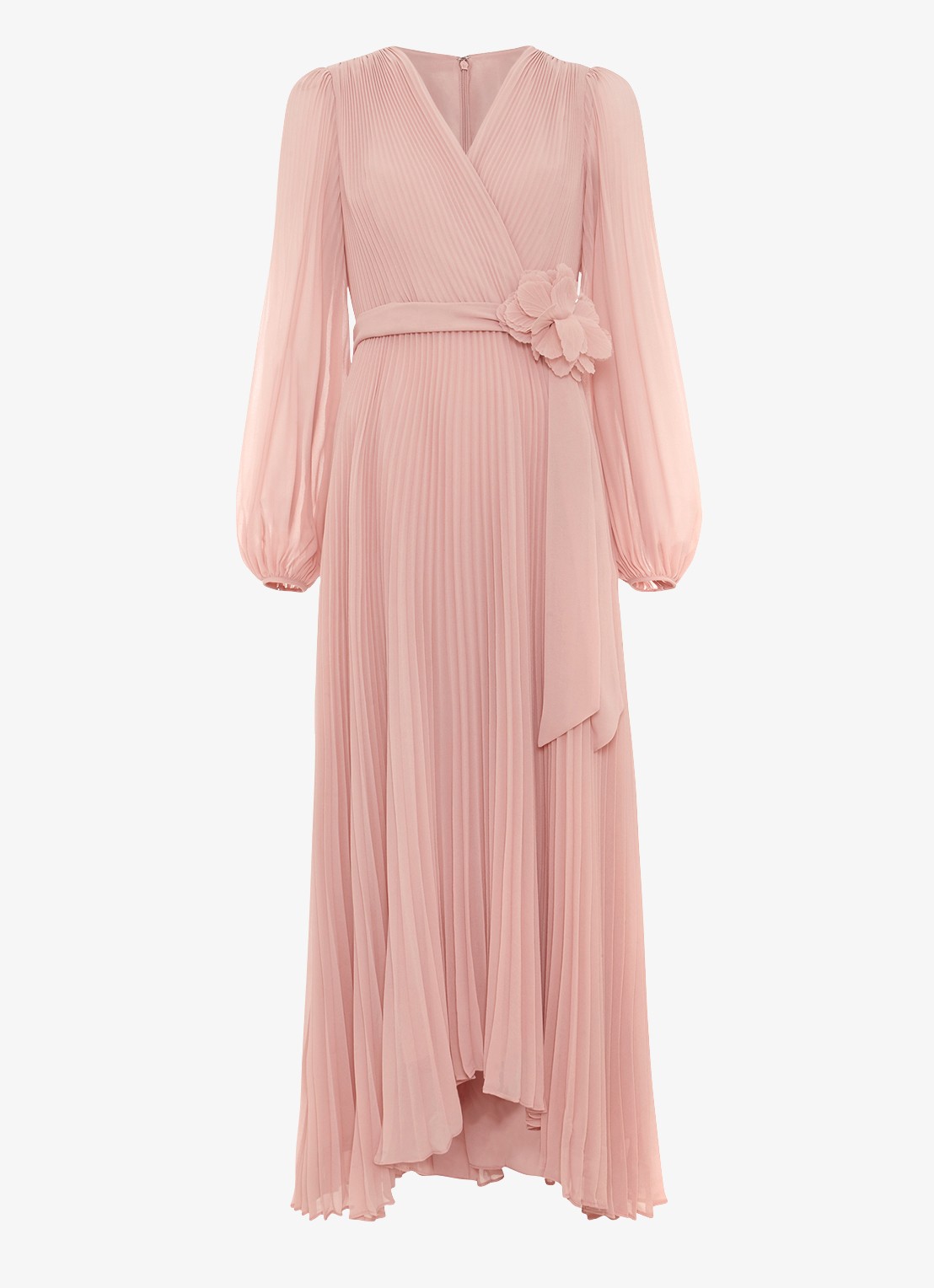 Phase Eight Isadora maxi jurk met plissé en strikceintuur - voorkant 7 lichtroze
