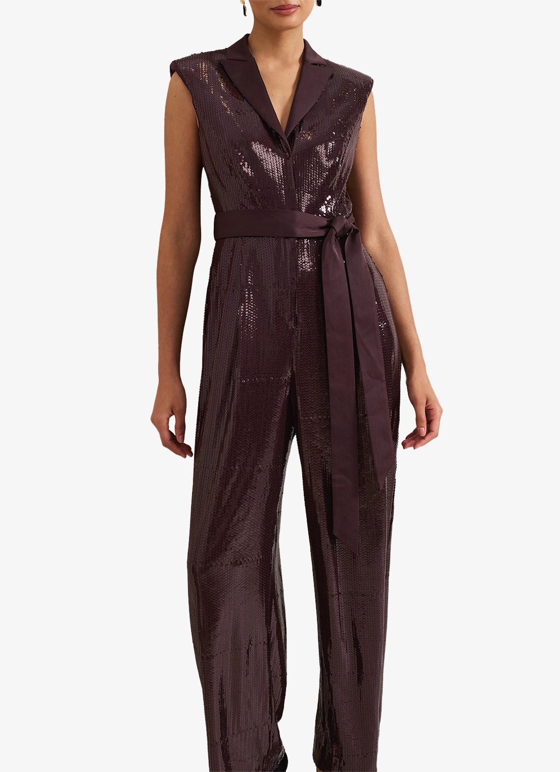 Phase Eight Ivey wide fit jumpsuit met pailletten en strikceintuur - detail 3 bordeauxrood