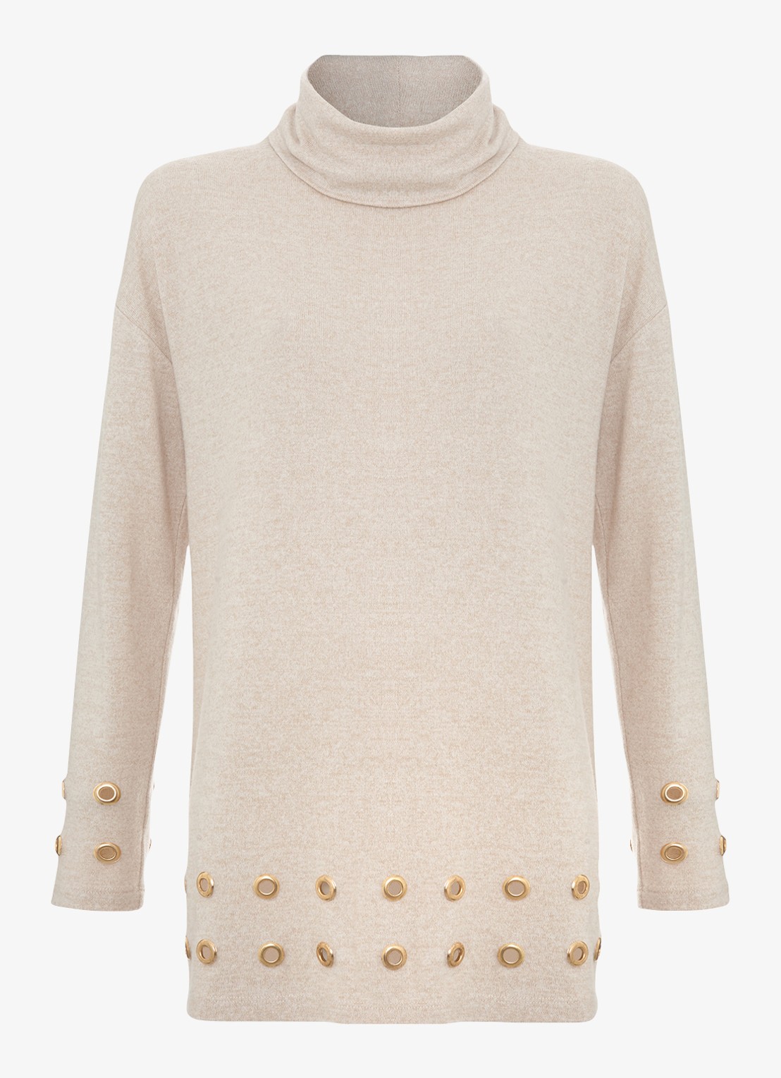 Phase Eight Jennie fijngebreide trui met opstaande kraag - voorkant 7 beige