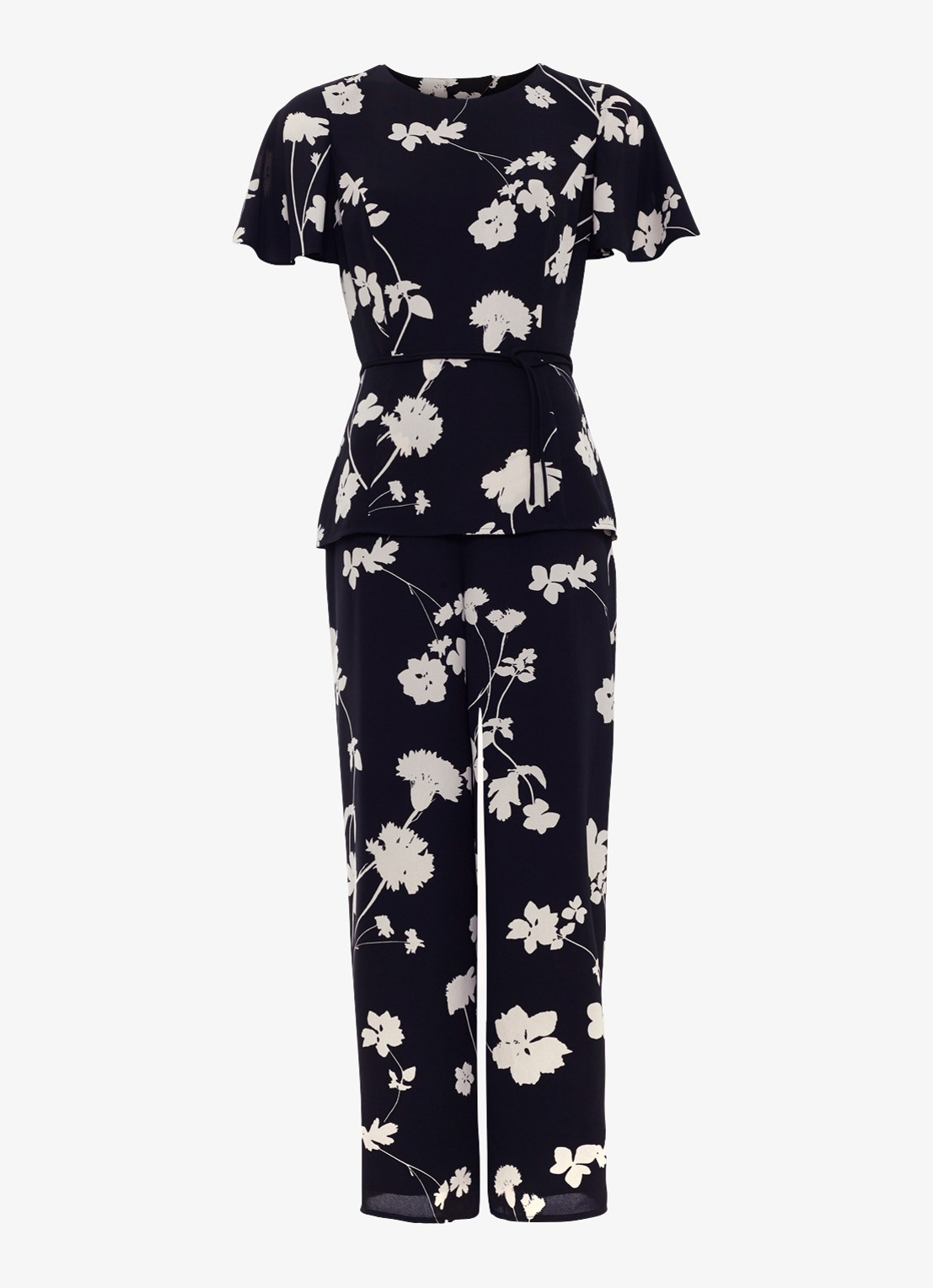 Phase Eight Jolie wide fit jumpsuit met bloemenprint en strikceintuur - voorkant zwart