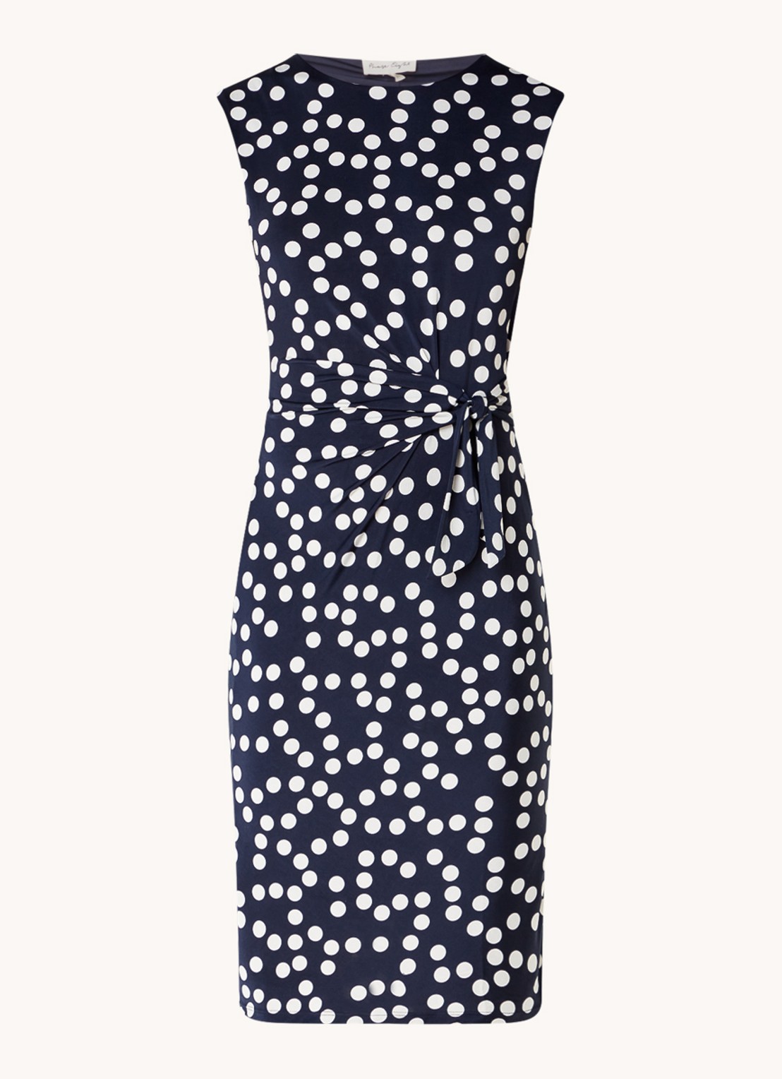 Phase Eight Josey mini kokerjurk met stippenprint en strikceintuur - voorkant 4 donkerblauw