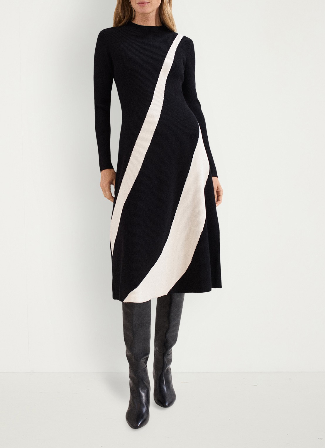 Phase Eight Julie midi jurk met gestreept detail - voorkant 8 zwart