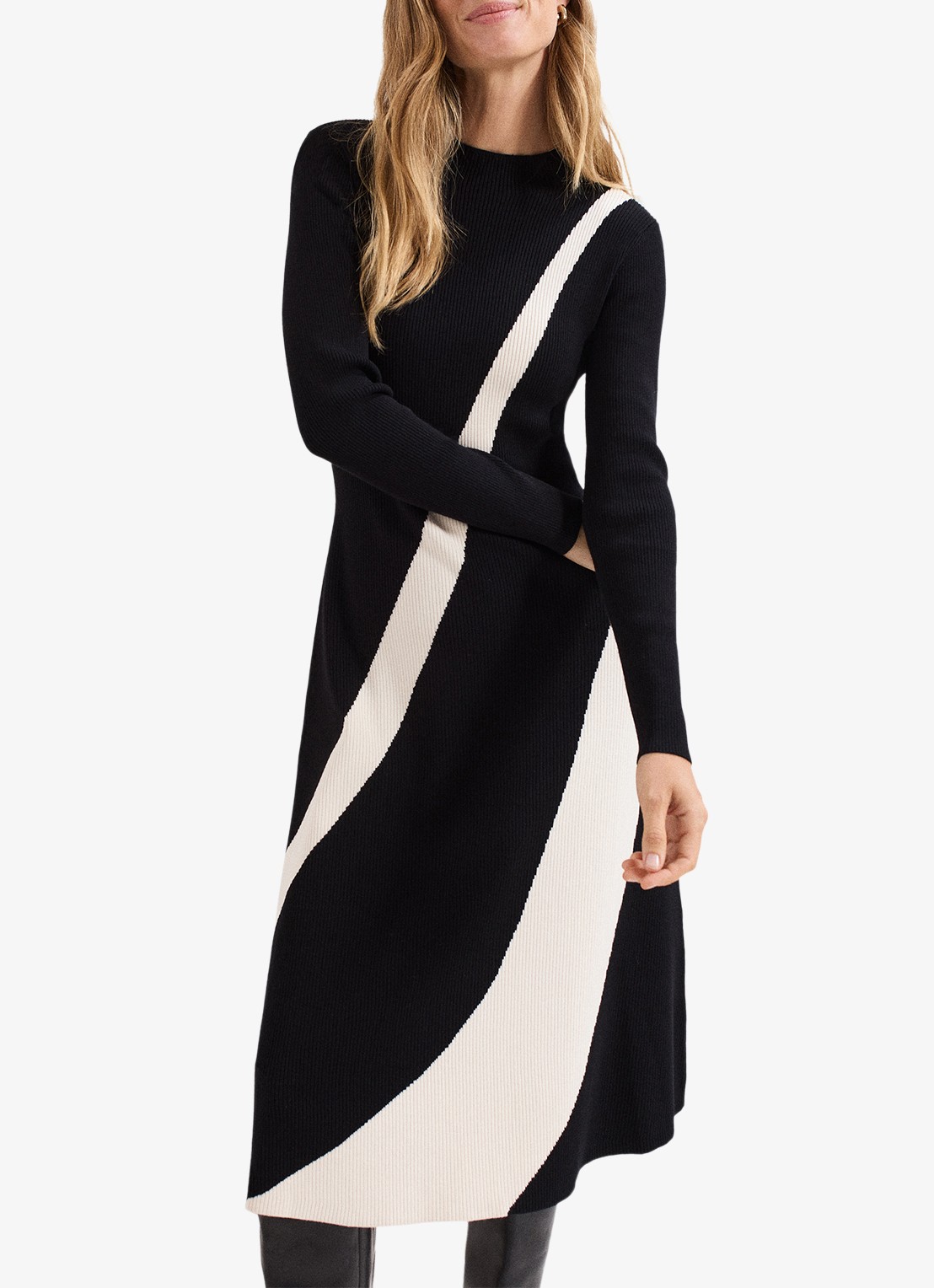 Phase Eight Julie ribgebreide midi jurk met print - detail zwart
