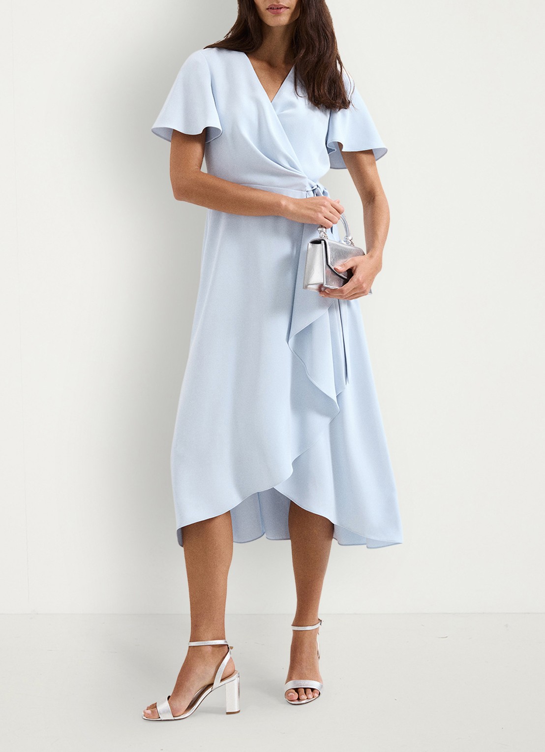 Phase Eight Julissa midi jurk met strikceintuur - voorkant 3 lichtblauw