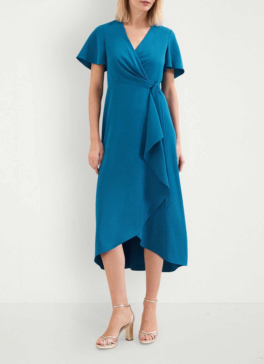 Phase Eight Julissa midi wikkeljurk met strikceintuur - voorkant 2 blauw