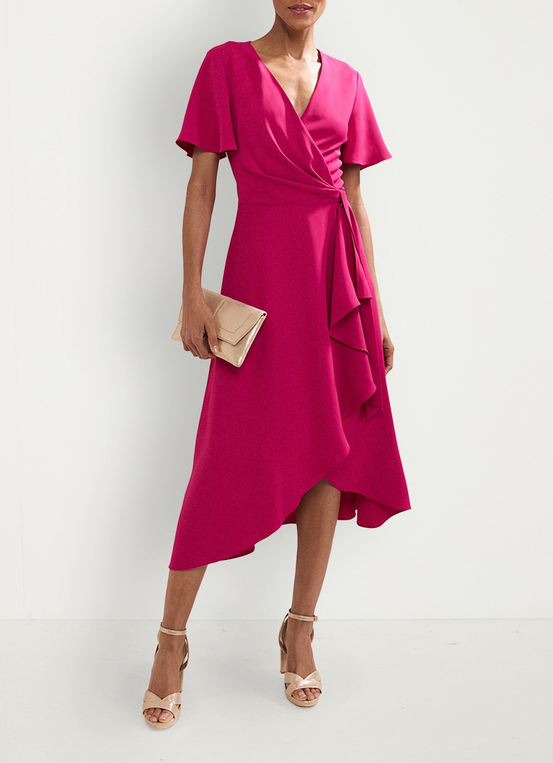 Phase Eight Julissa midi wikkeljurk met V-hals - voorkant 7 donkerroze