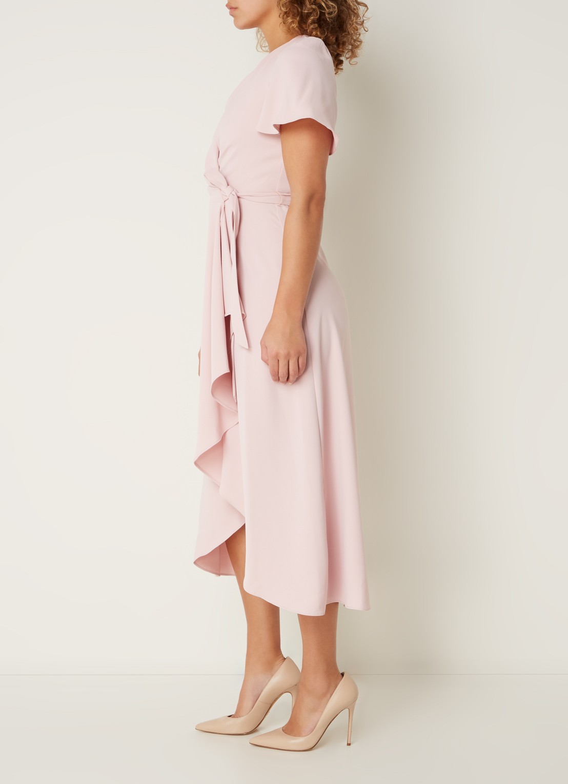 Phase Eight Julissa midi wikkeljurk met volant - voorkant 3 lichtroze