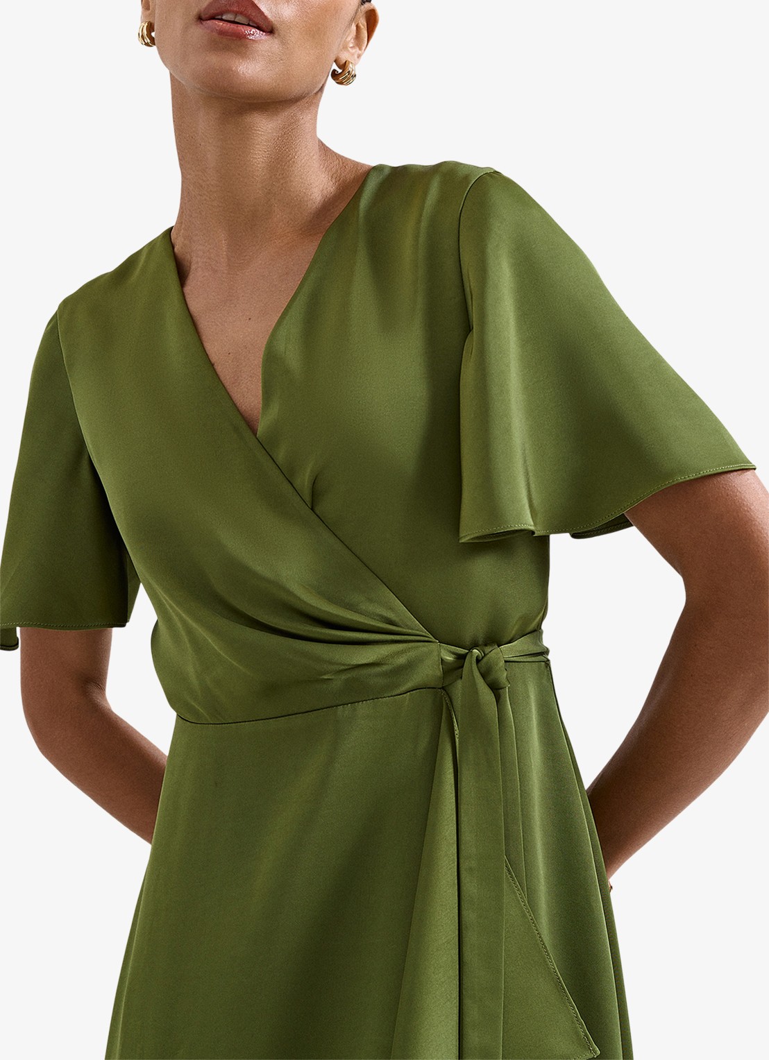 Phase Eight Julissa midi wikkeljurk van satijn - detail 2 khaki
