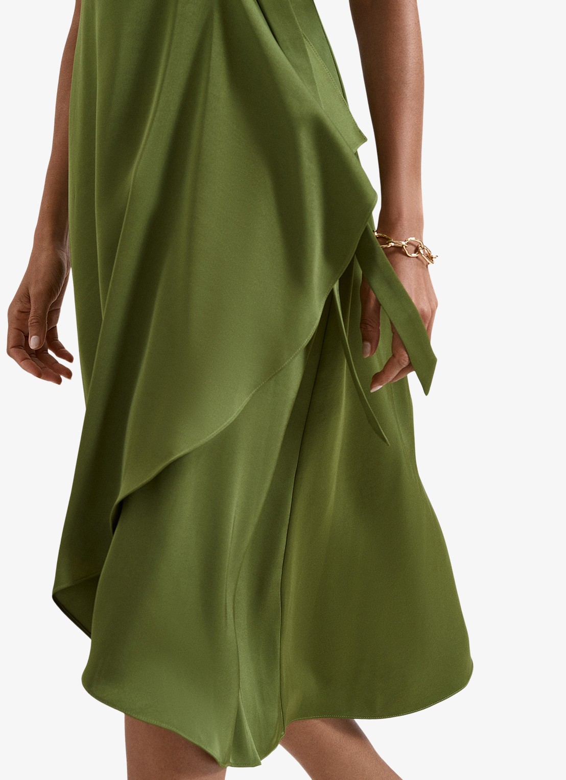Phase Eight Julissa midi wikkeljurk van satijn - detail 3 khaki