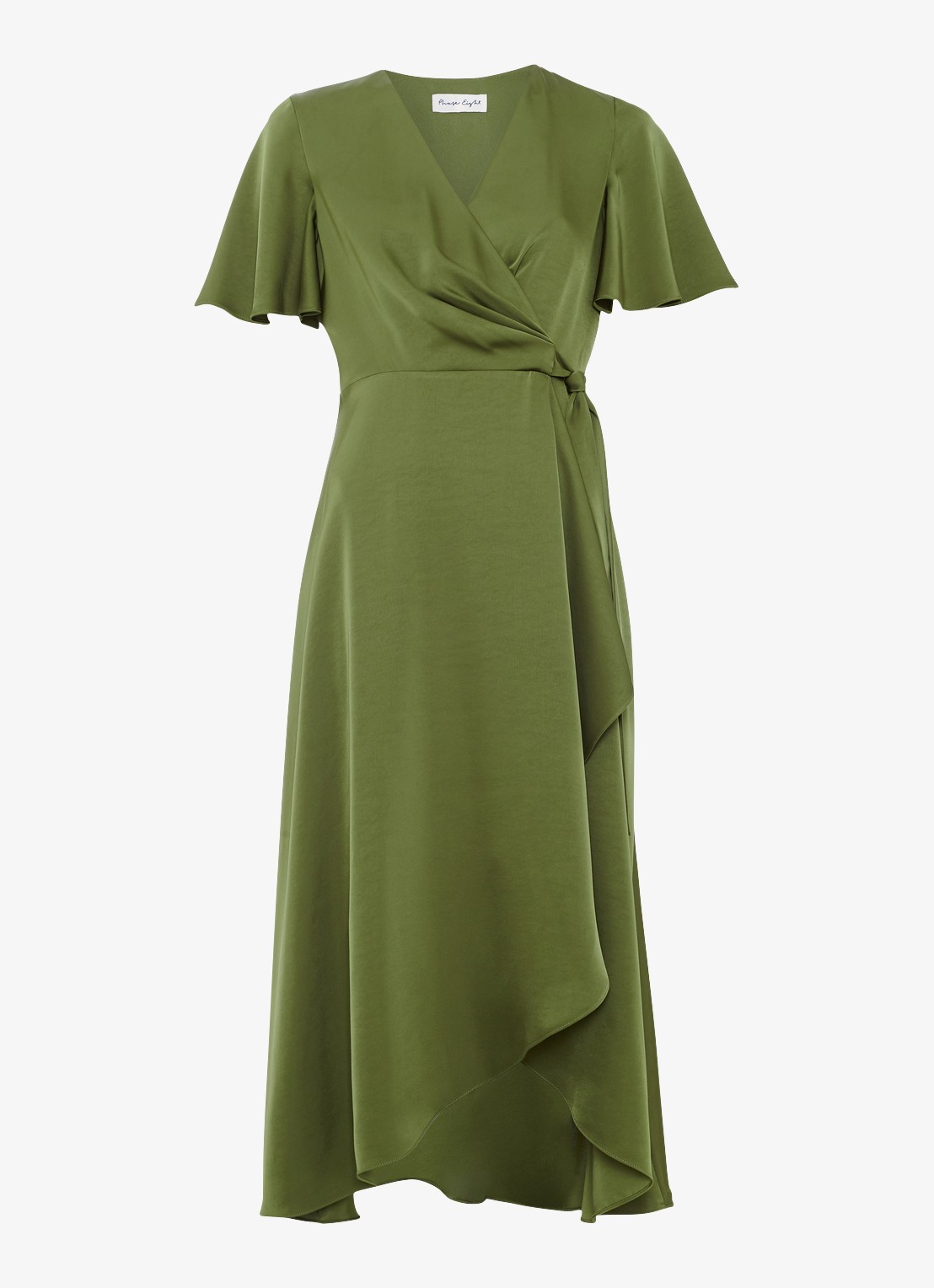 Phase Eight Julissa midi wikkeljurk van satijn - voorkant 6 khaki