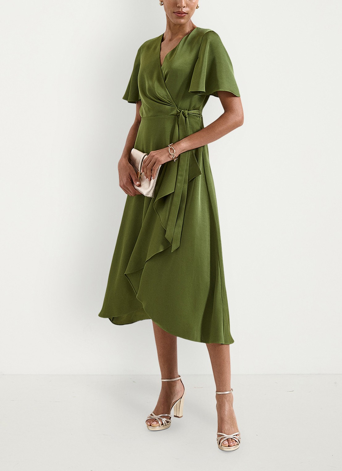Phase Eight Julissa midi wikkeljurk van satijn - voorkant 7 khaki