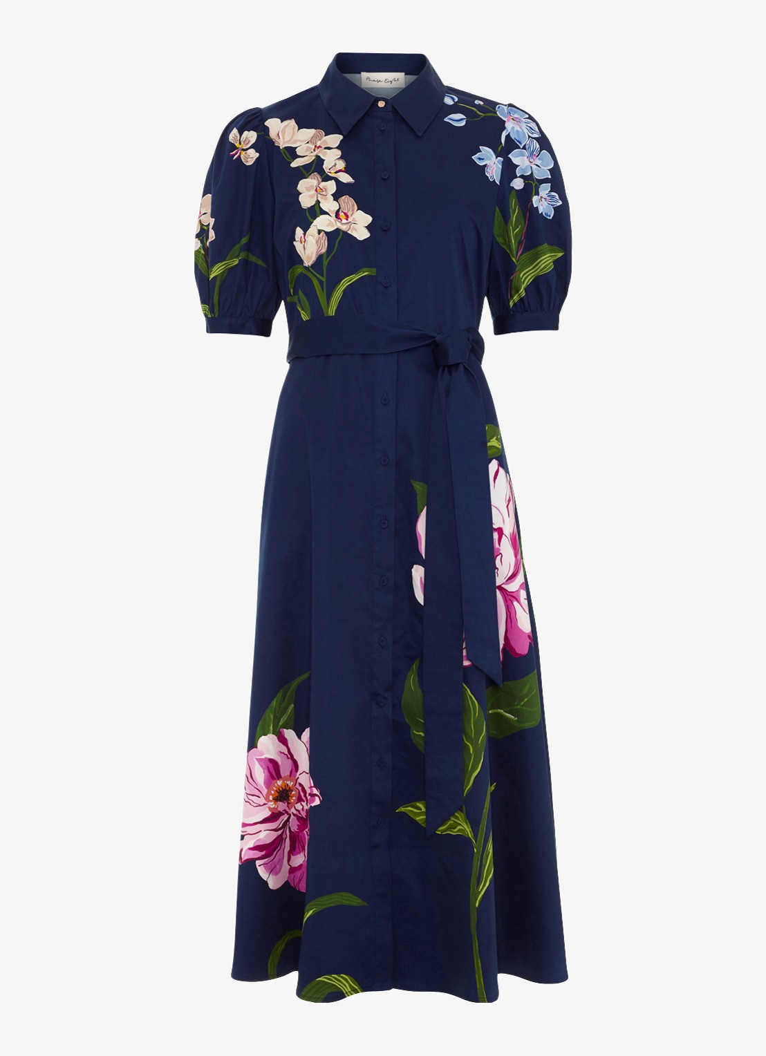 Phase Eight Kerrie midi jurk met bloemenprint en strikceintuur - voorkant donkerblauw