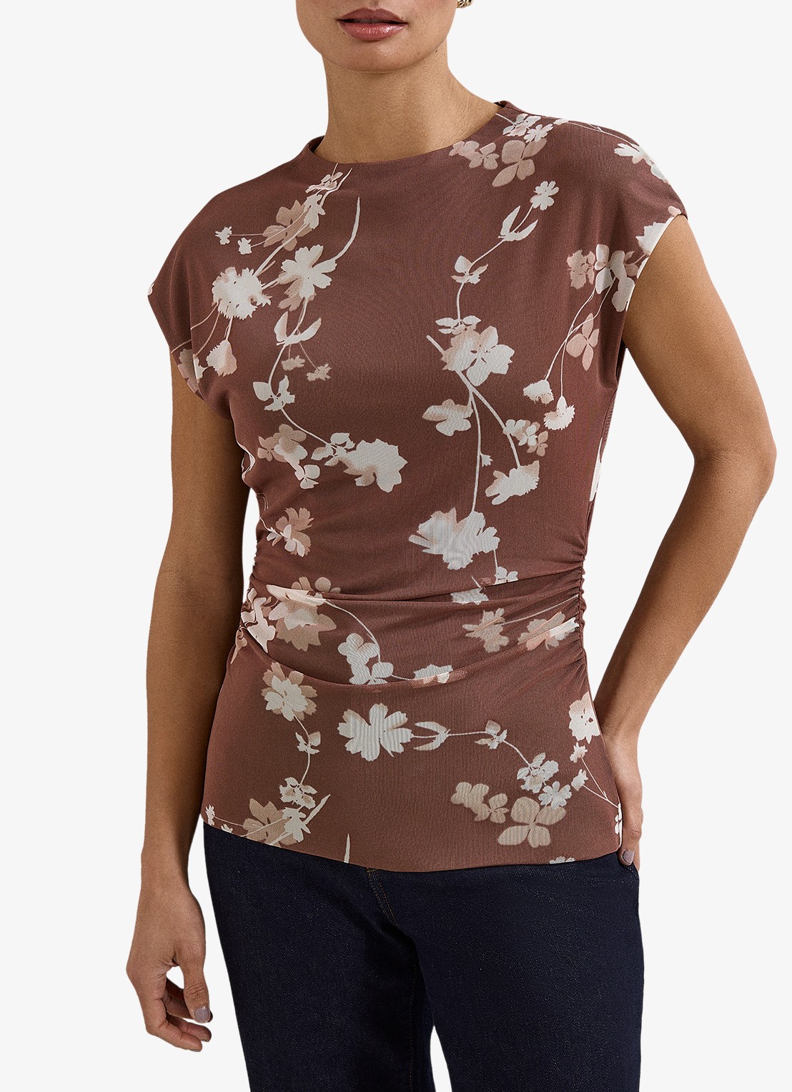 Phase Eight Kezia  top van mesh met bloemenprint - detail bruin