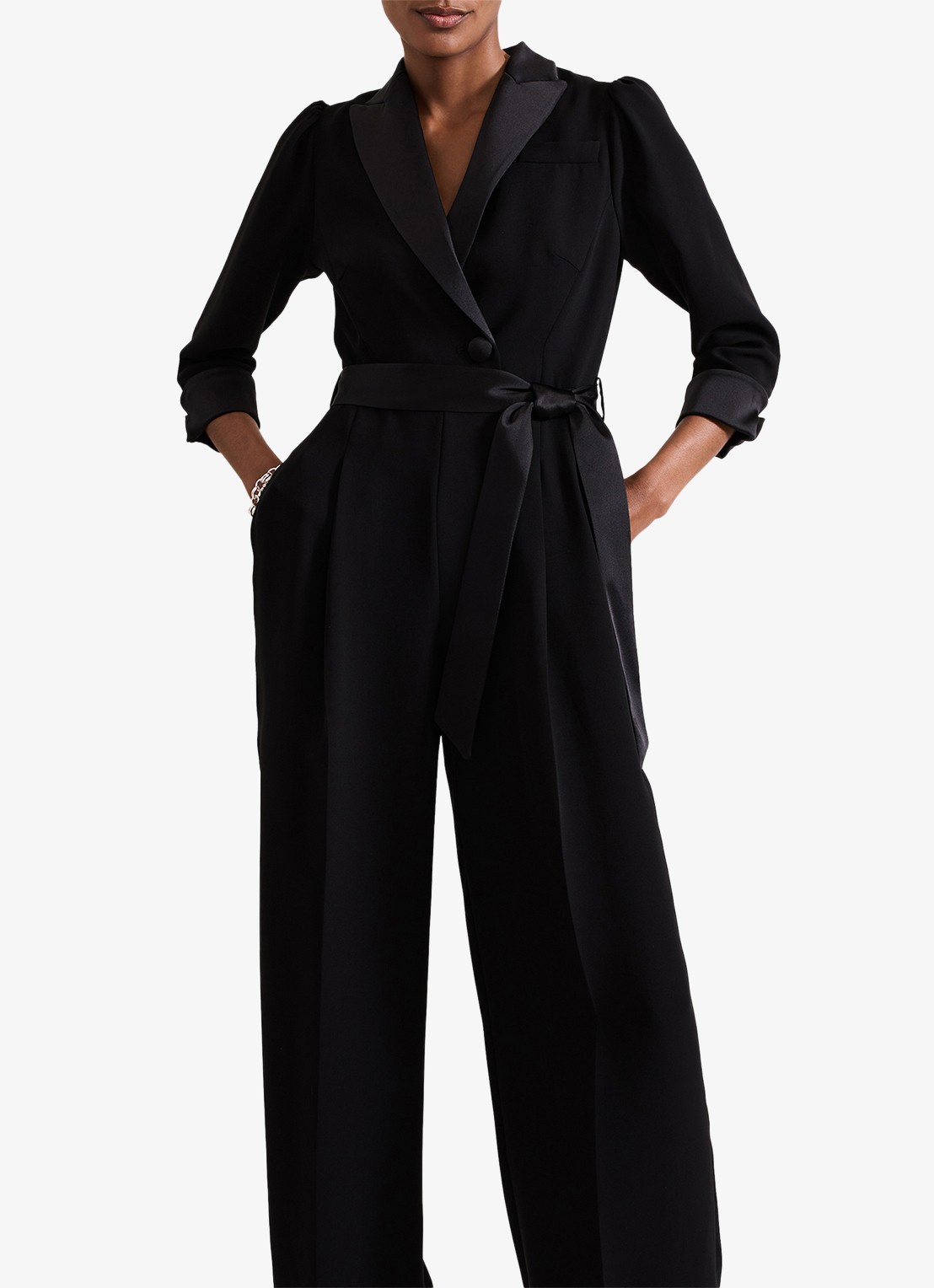 Phase Eight Kylie Tux jumpsuit met steekzakken en strikceintuur - voorkant 5 zwart