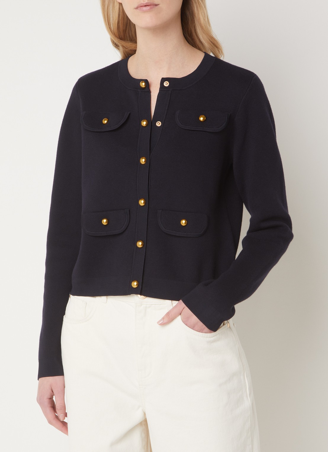 Phase Eight Libby fijngebreid vest met sierknopen - detail 4 donkerblauw