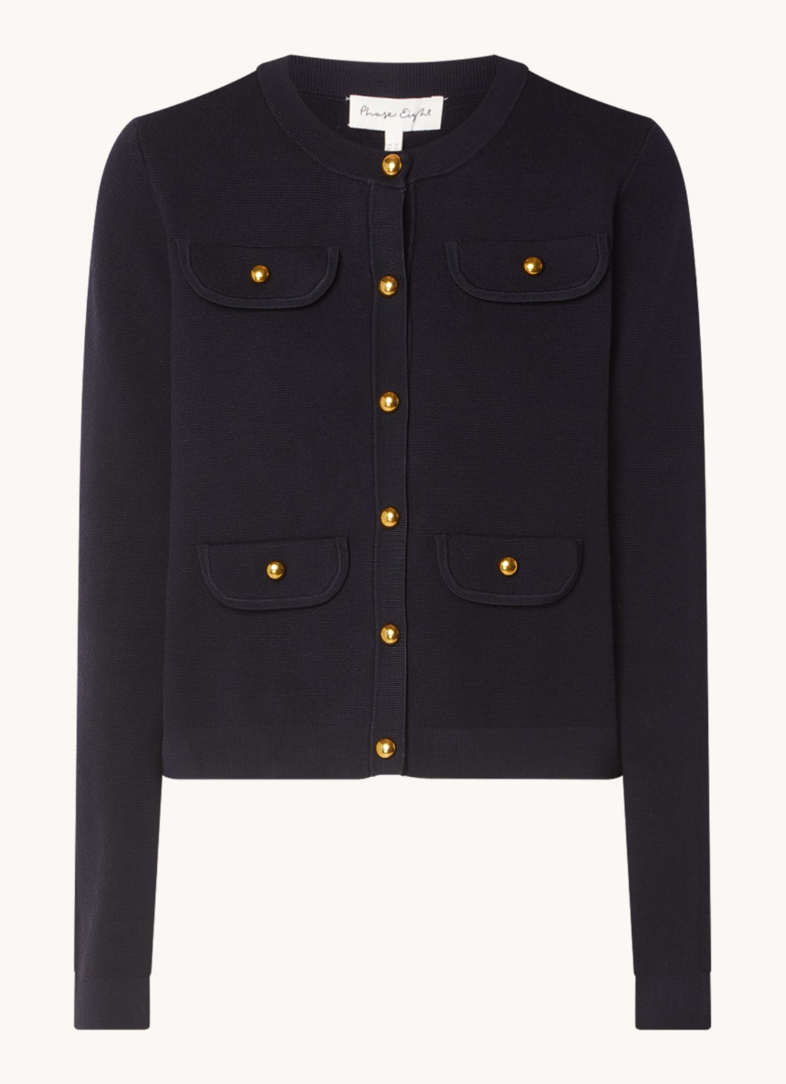 Phase Eight Libby fijngebreid vest met sierknopen - voorkant 2 donkerblauw