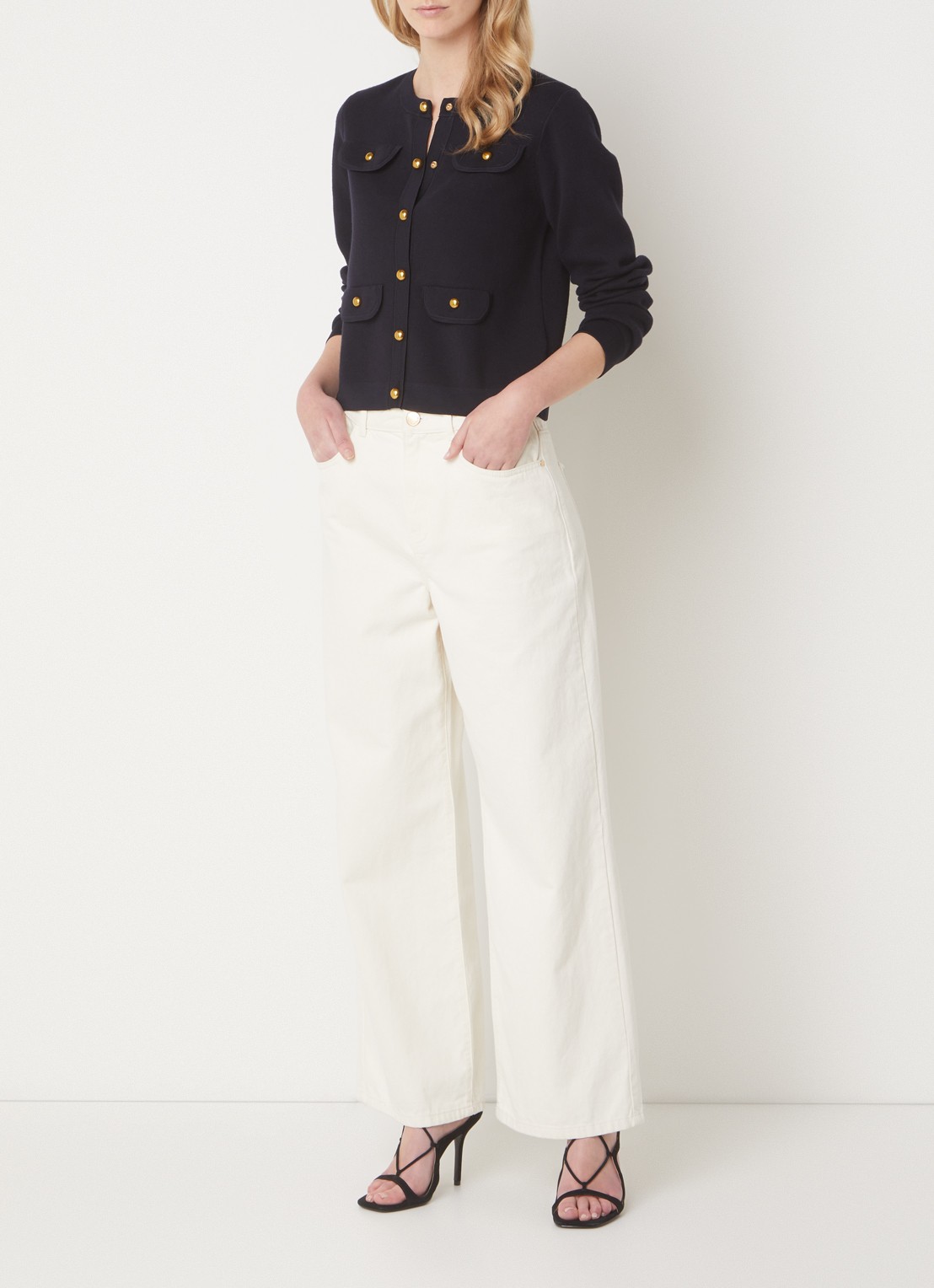 Phase Eight Libby fijngebreid vest met sierknopen - voorkant 3 donkerblauw