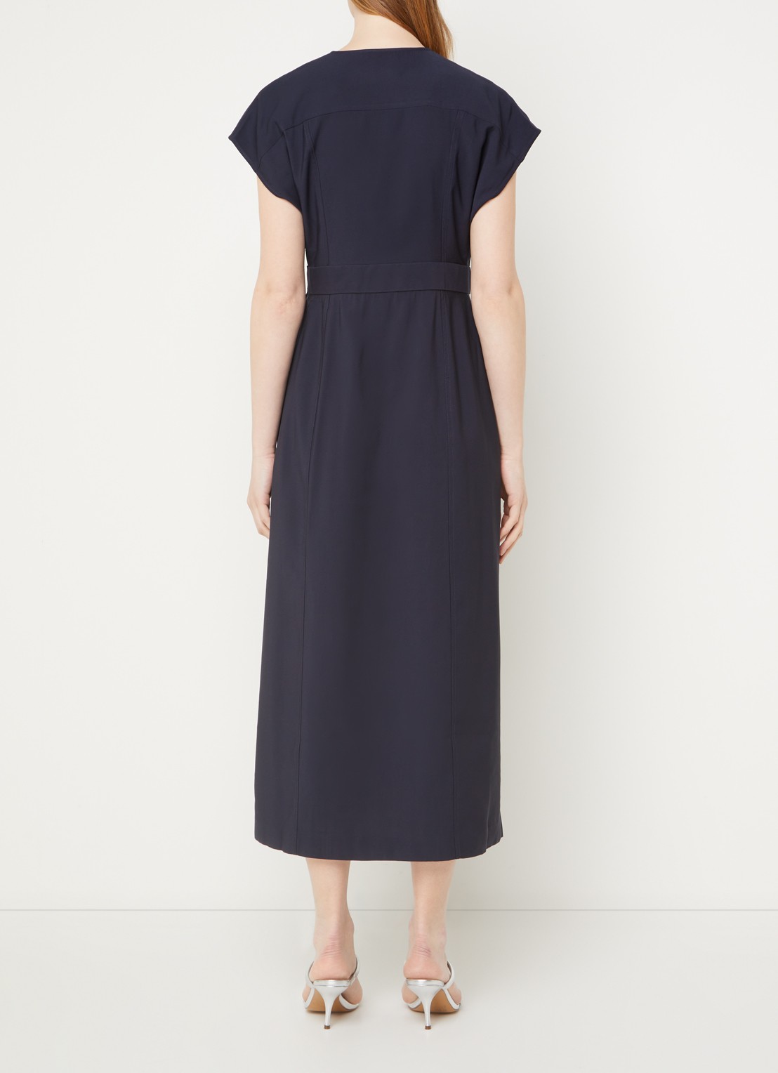 Phase Eight Liv midi wikkeljurk met V-hals - achterkant 2 donkerblauw