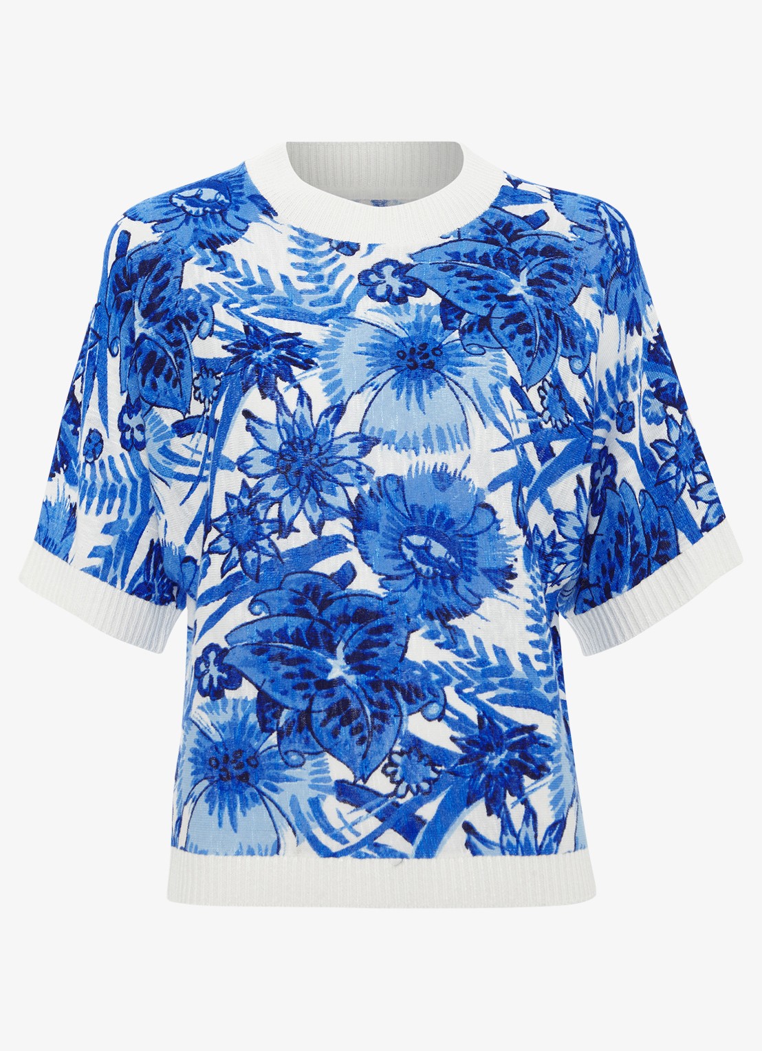 Phase Eight Lizzy fijngebreide top in linnenblend met bloemenprint - voorkant 2 blauw