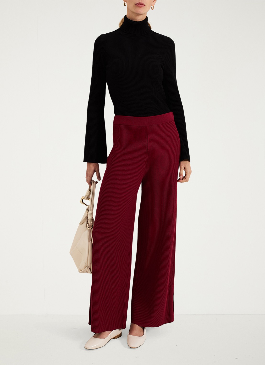 Phase Eight Lori ribgebreide high waist wide fit broek - voorkant 2 bordeauxrood