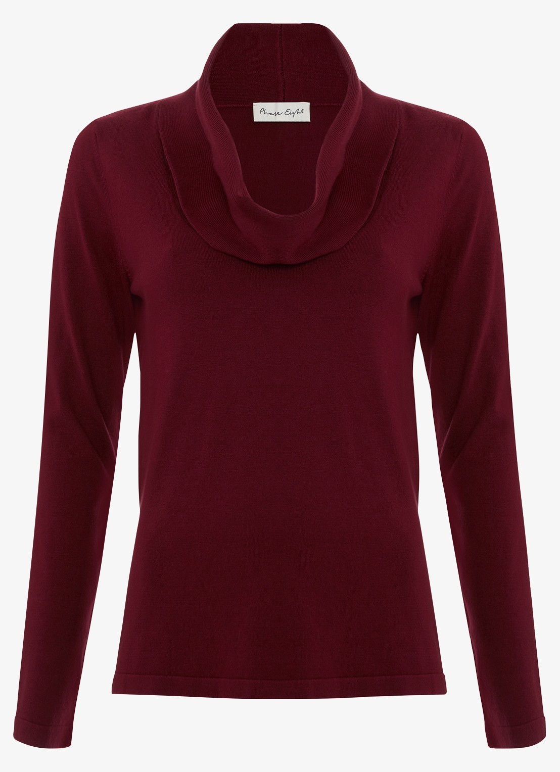 Phase Eight Lottie fijngebreide top met watervalhals - voorkant bordeauxrood