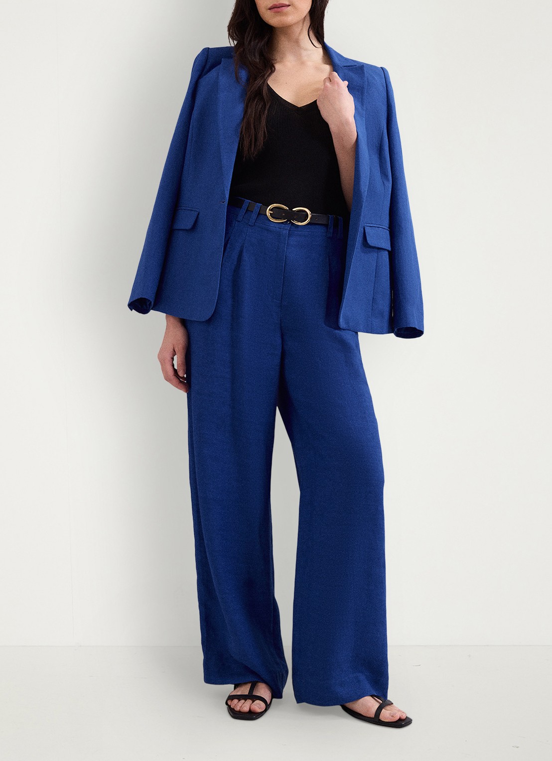 Phase Eight Lottie high waist wide leg pantalon in linnenblend - voorkant 3 kobaltblauw